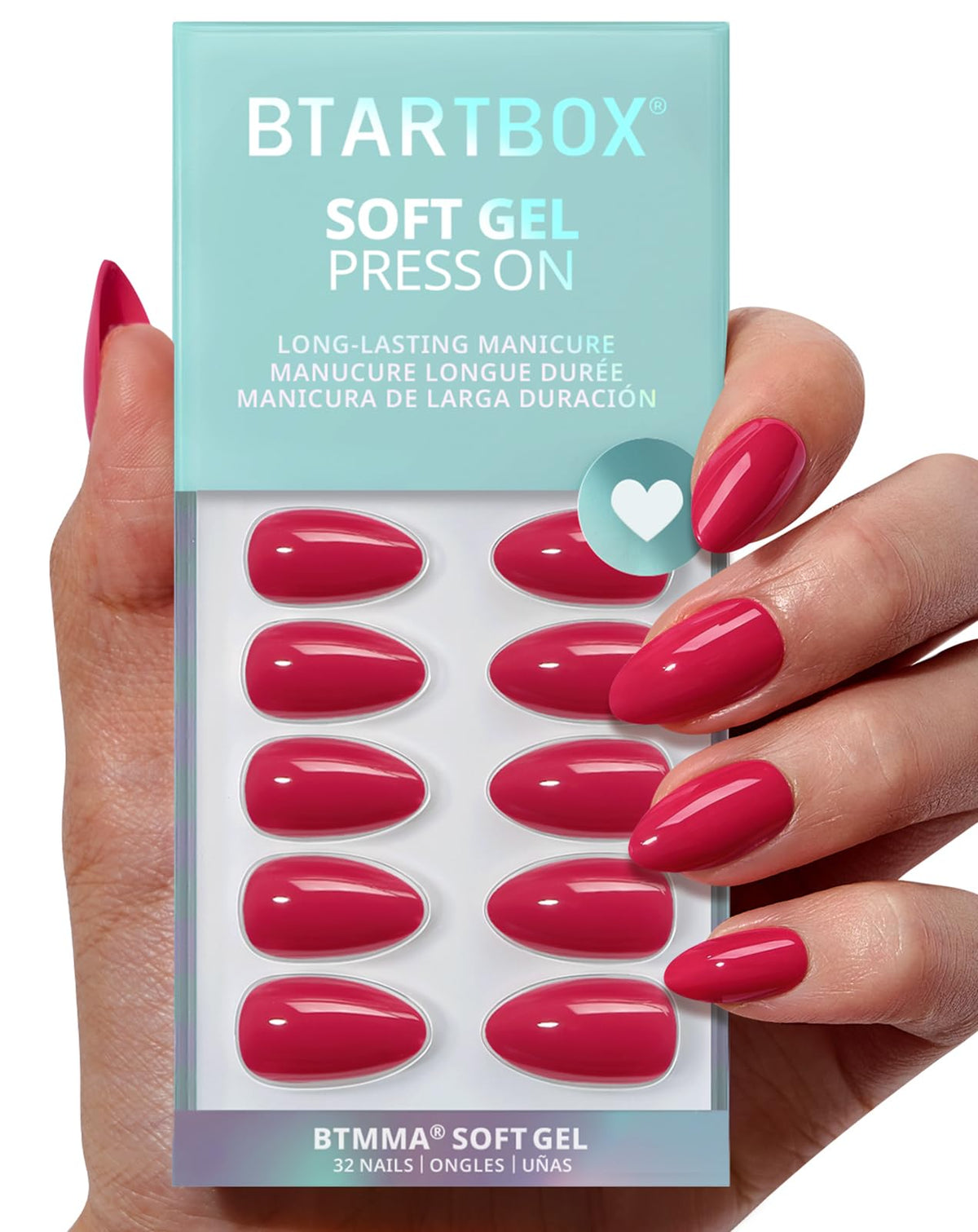 BTArtbox almond raspberry red close-up with soft gel finish for long wear.