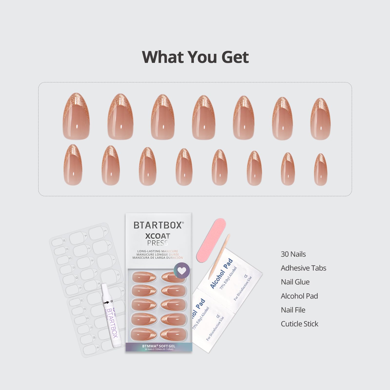 Complete DIY kit includes 30 nails, glue, tabs, file, and pads