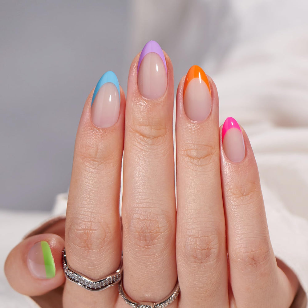 BTArtbox neon rainbow finish press-ons shown on nails for bold daily style.