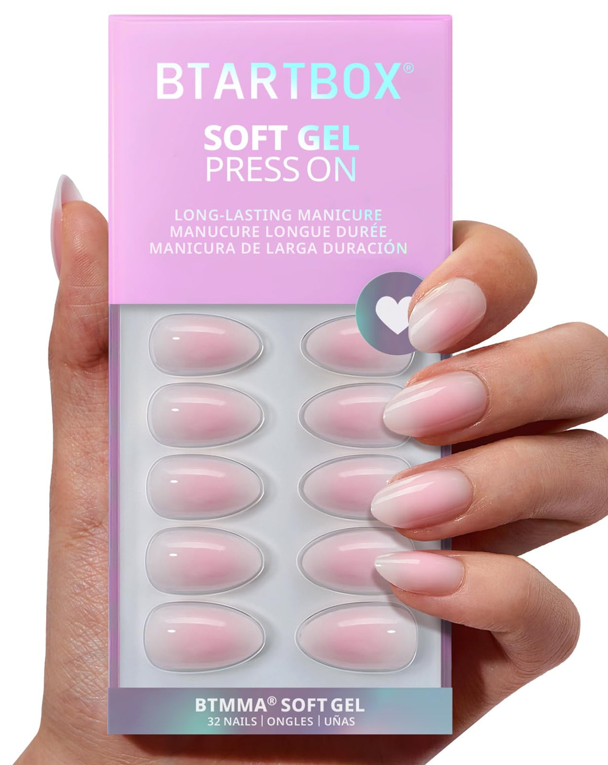 BTArtbox pink ombre almond nails close-up showing natural look and shine