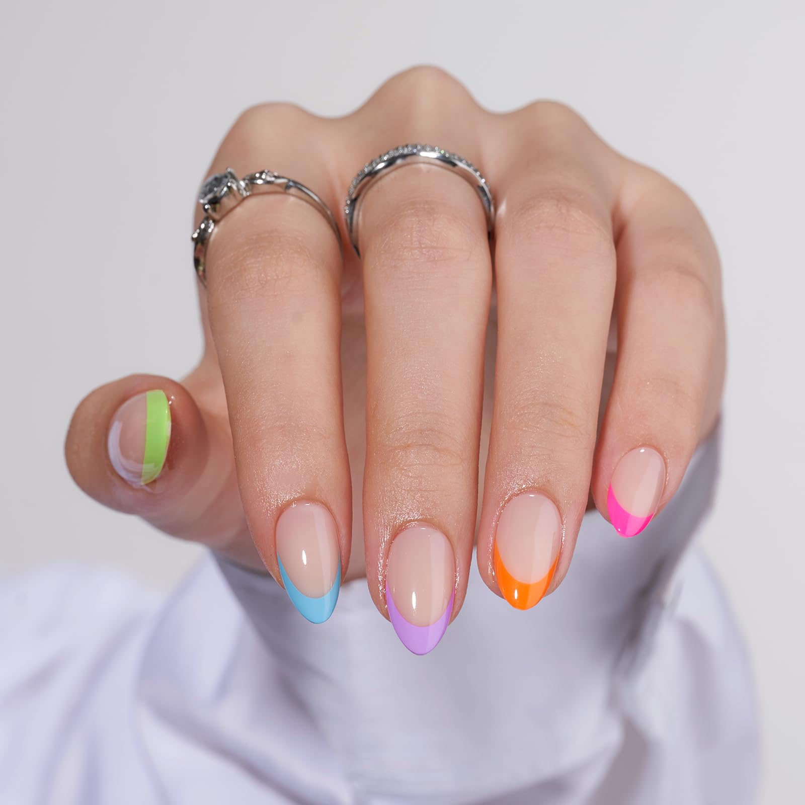 BTArtbox press-on nails short with soft gel French tip for a comfortable, salon-like look.