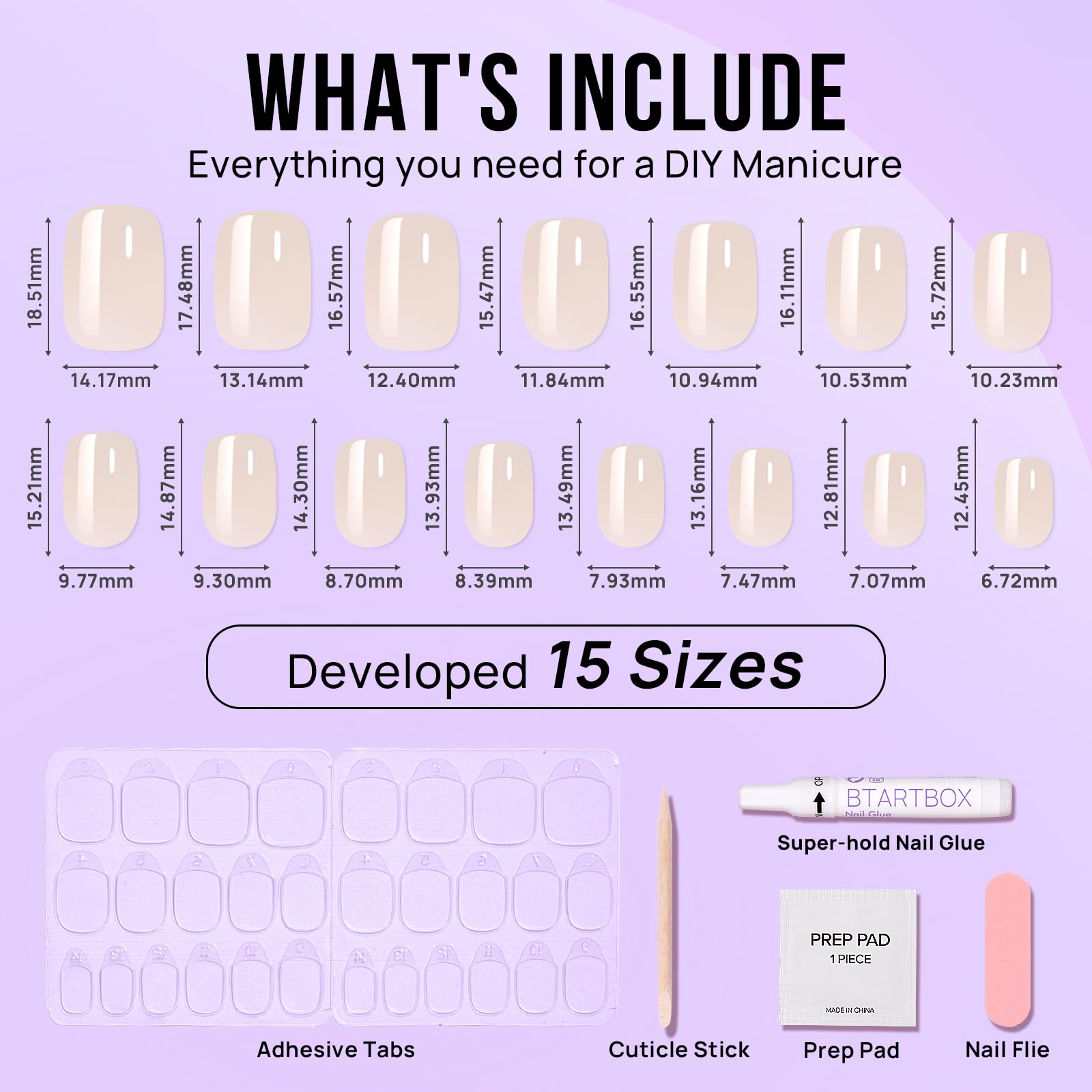 BTArtbox press on nails short square, reusable kit, 15 sizes.