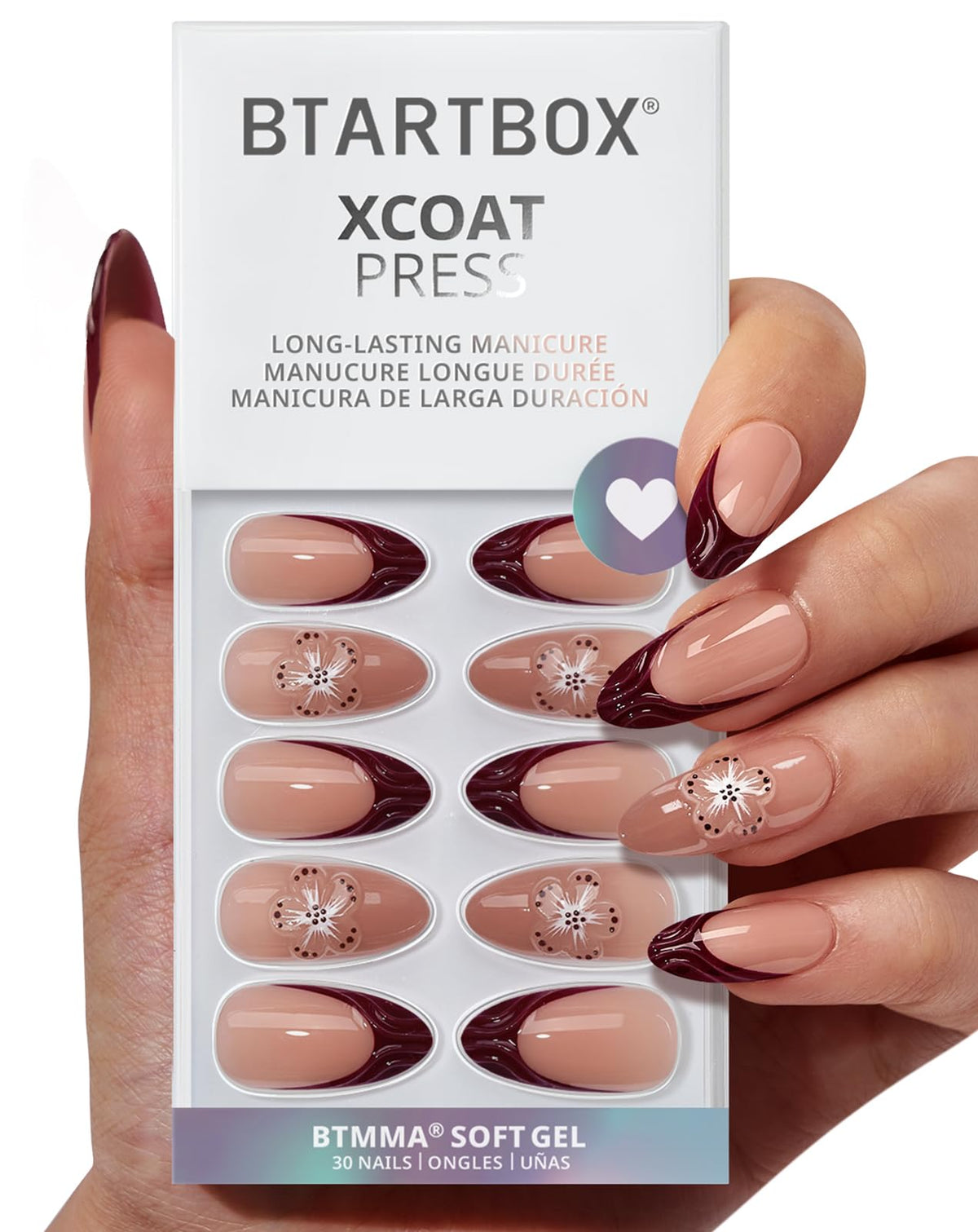 BTArtbox Rosewood 3D flower almond nails for natural, flexible wear.