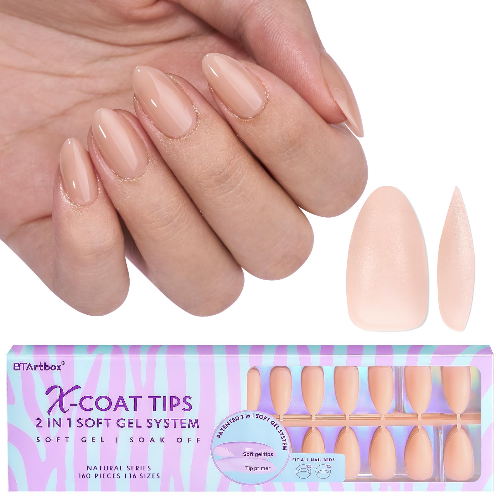 BTArtbox short almond nail tips closeup, natural fit and semi-transparent nude shade.