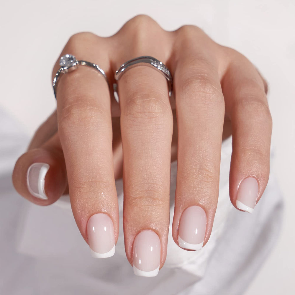 BTArtbox white French tip nails, square, for a salon-like finish.