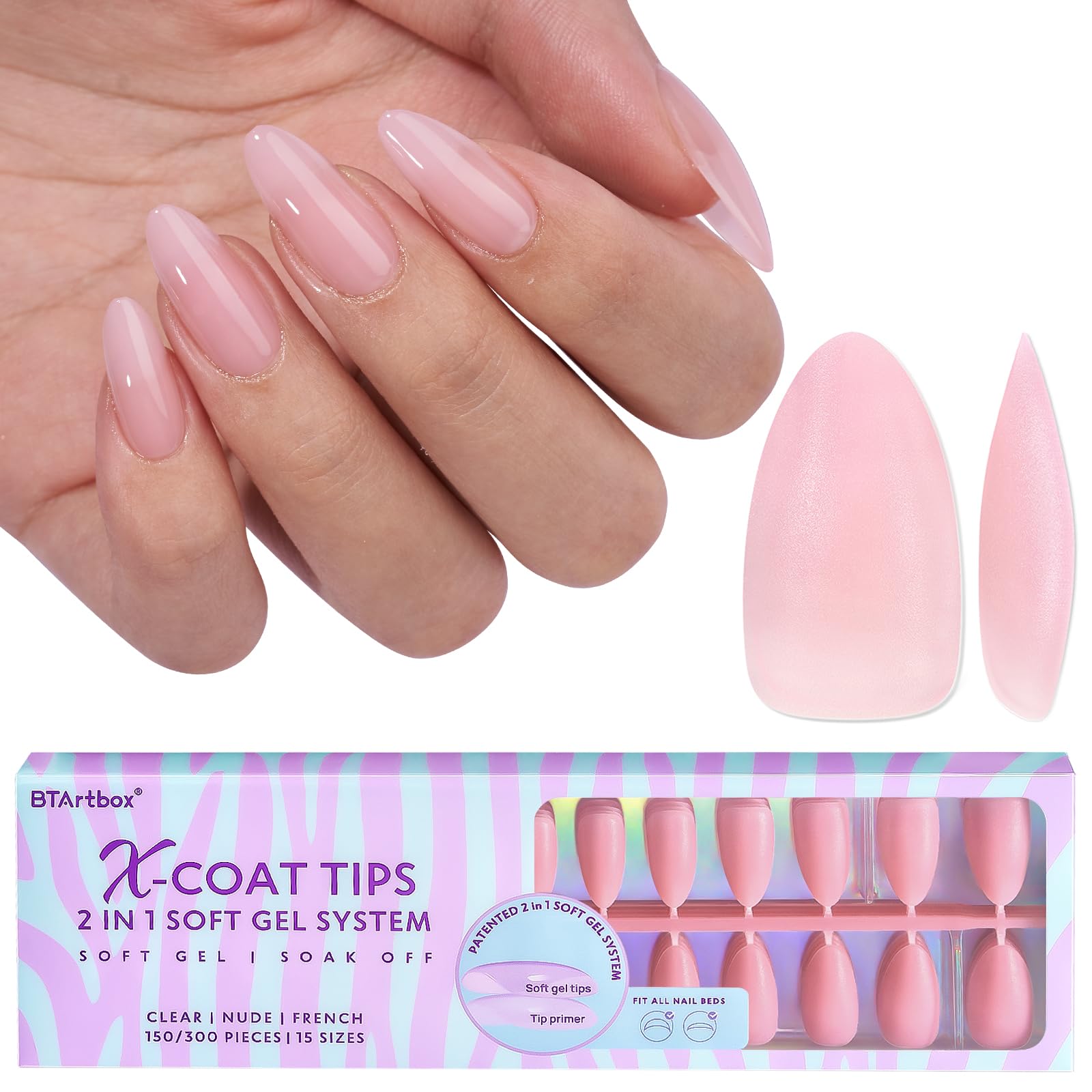 BTArtbox XCOATTIPS matte almond press-on nails for natural-looking length