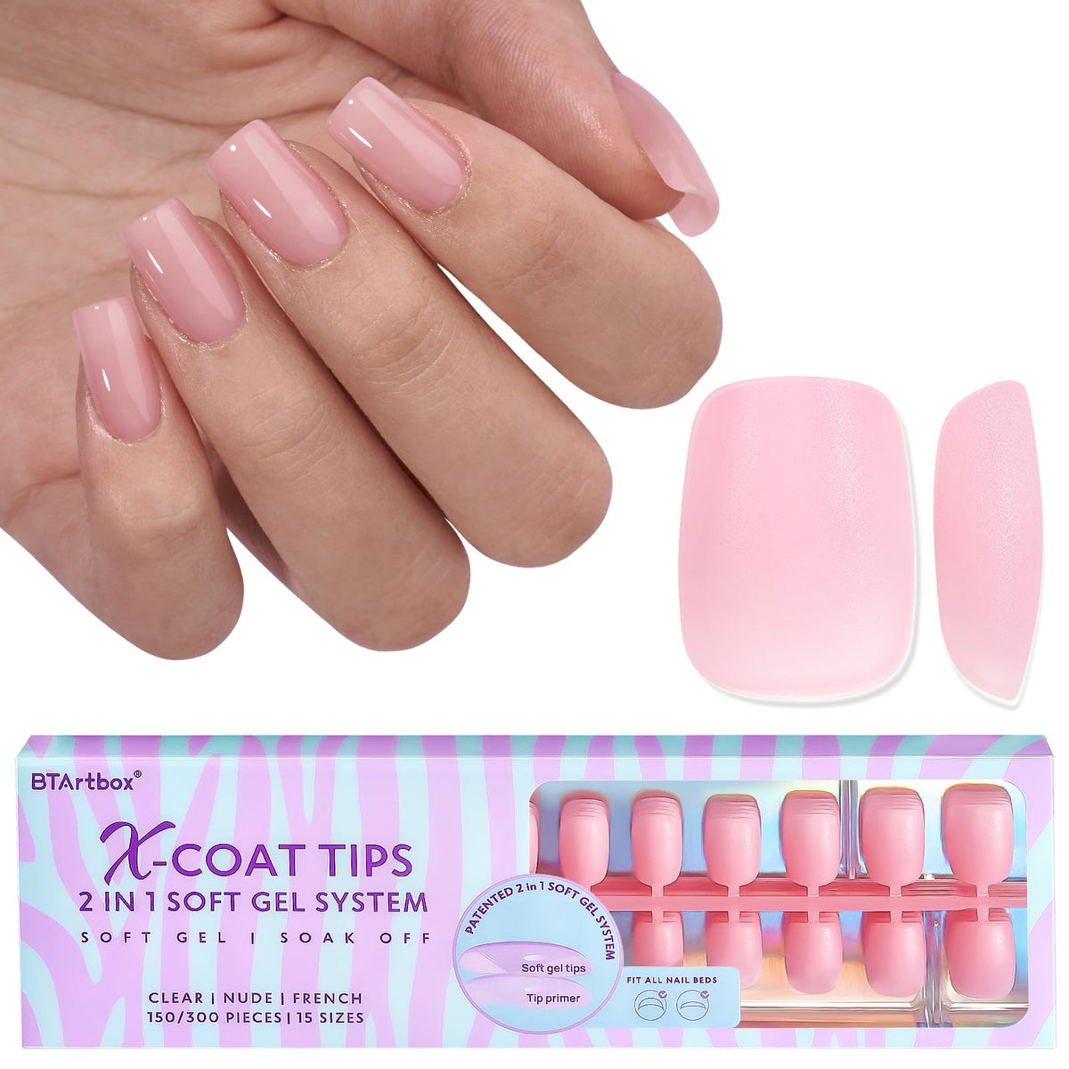 BTArtbox XCOATTIPS pink matte extra-short square nail tips for natural-looking DIY nails.