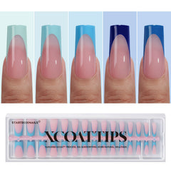 BTArtboxnails XCOATTIPS blue French tip press-on nails in square long shape for at-home manicure
