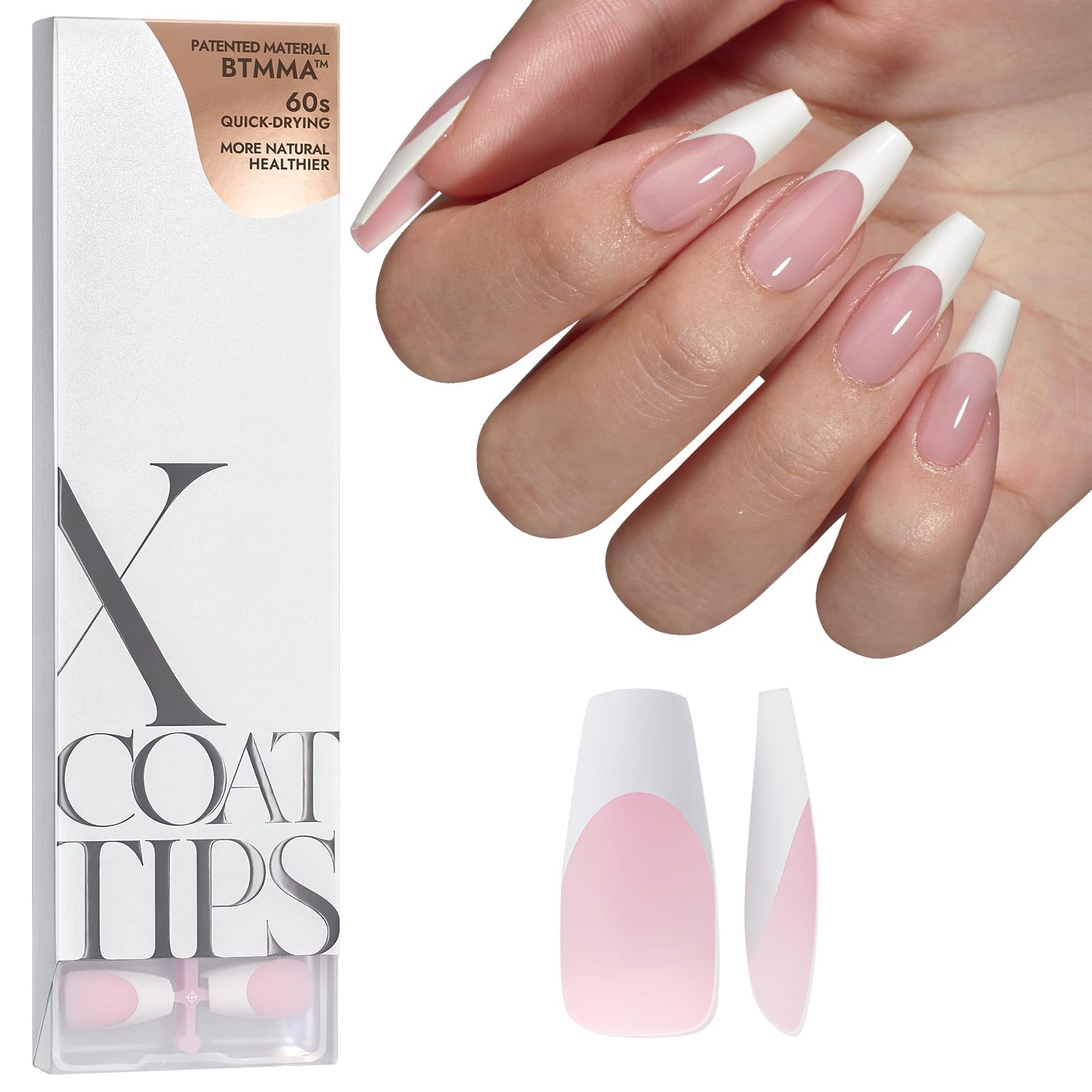 BTArtboxnails pink coffin French tip nails for at-home manicure.