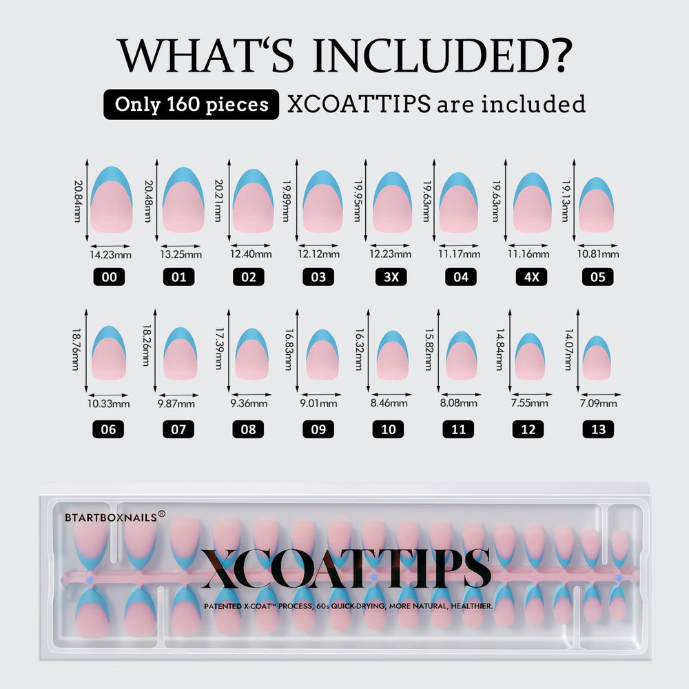 BTArtboxnails XCOATTIPS 160 tips across 16 sizes for versatile shaping.