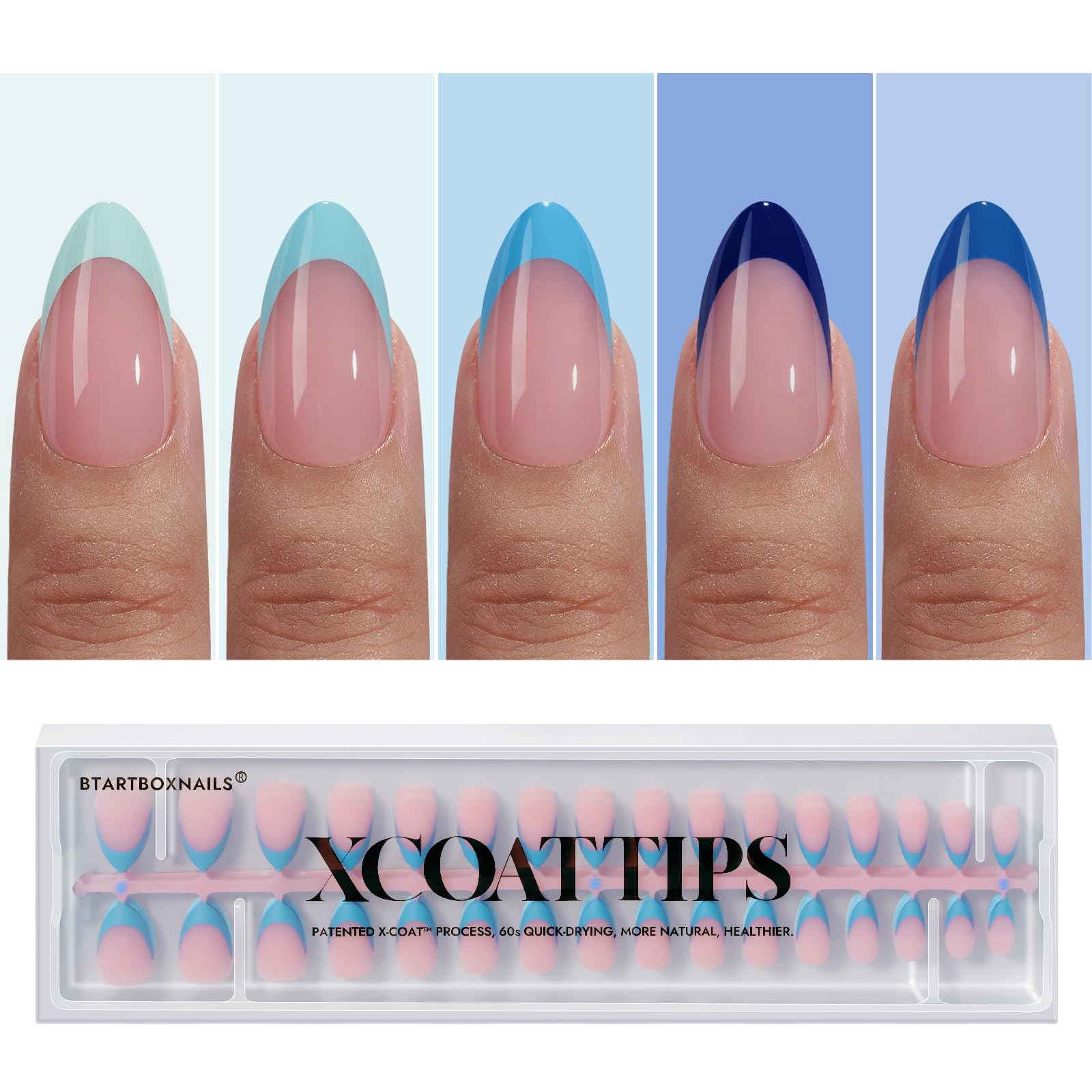 BTArtboxnails XCOATTIPS blue French short almond swatches for quick at-home manicures.