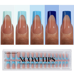BTArtboxnails XCOATTIPS blue French tip long square for at‑home salon quality nails.
