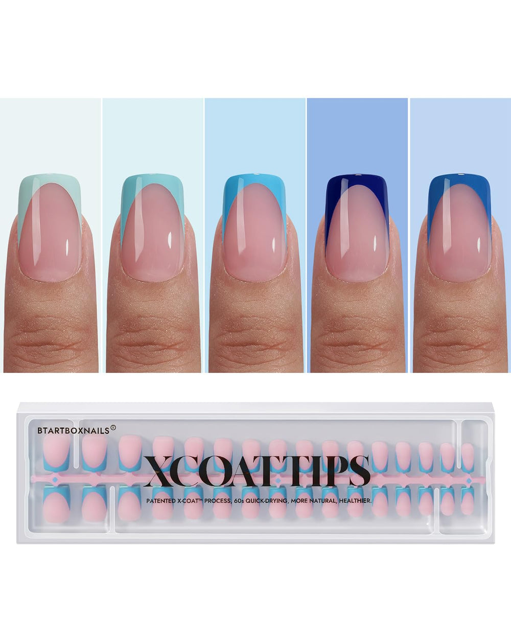 BTArtboxnails XCOATTIPS blue French tip short square for at-home salon-like results.