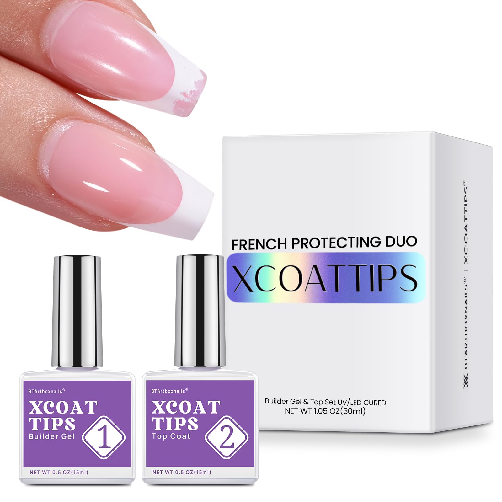 BTArtboxnails XCOATTIPS builder gel 15ml shown for smooth application and long-lasting French tips