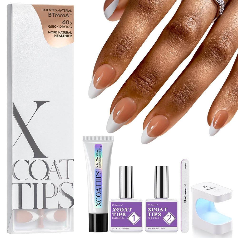 BTArtboxnails XCOATTIPS French nails kit close up showing natural almond tips for DIY manicure