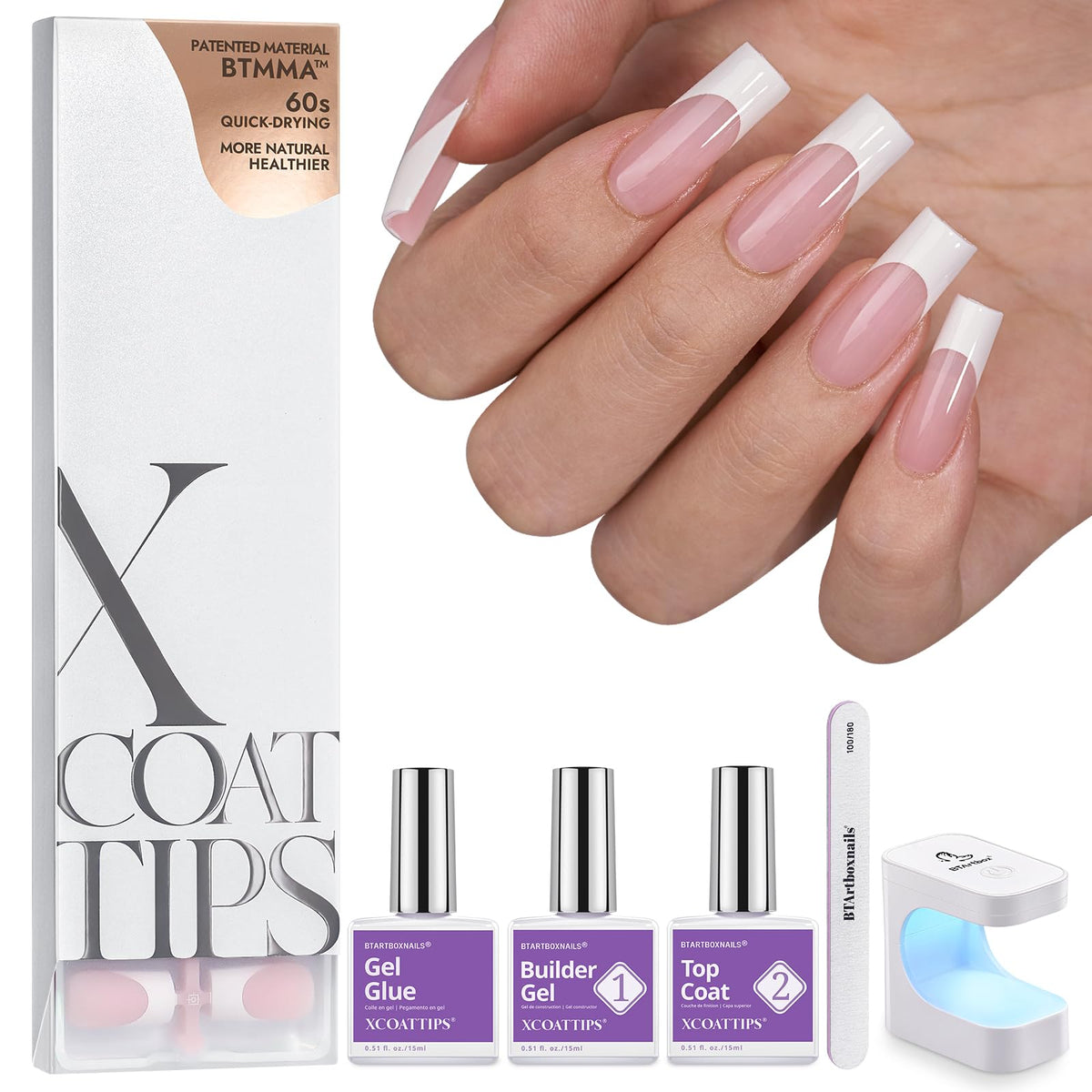 BTArtboxnails XCOATTIPS French tip long square nails for elegant at home manicures
