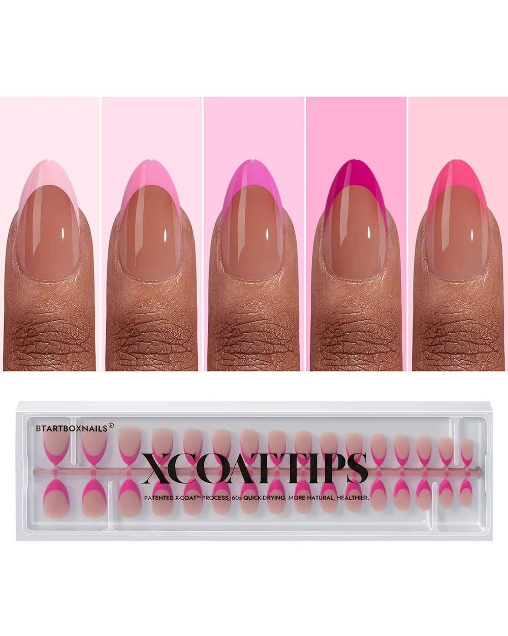 BTARTBOXNAILS XCOATTIPS pink French almond tips for quick at-home salon-quality manicure.