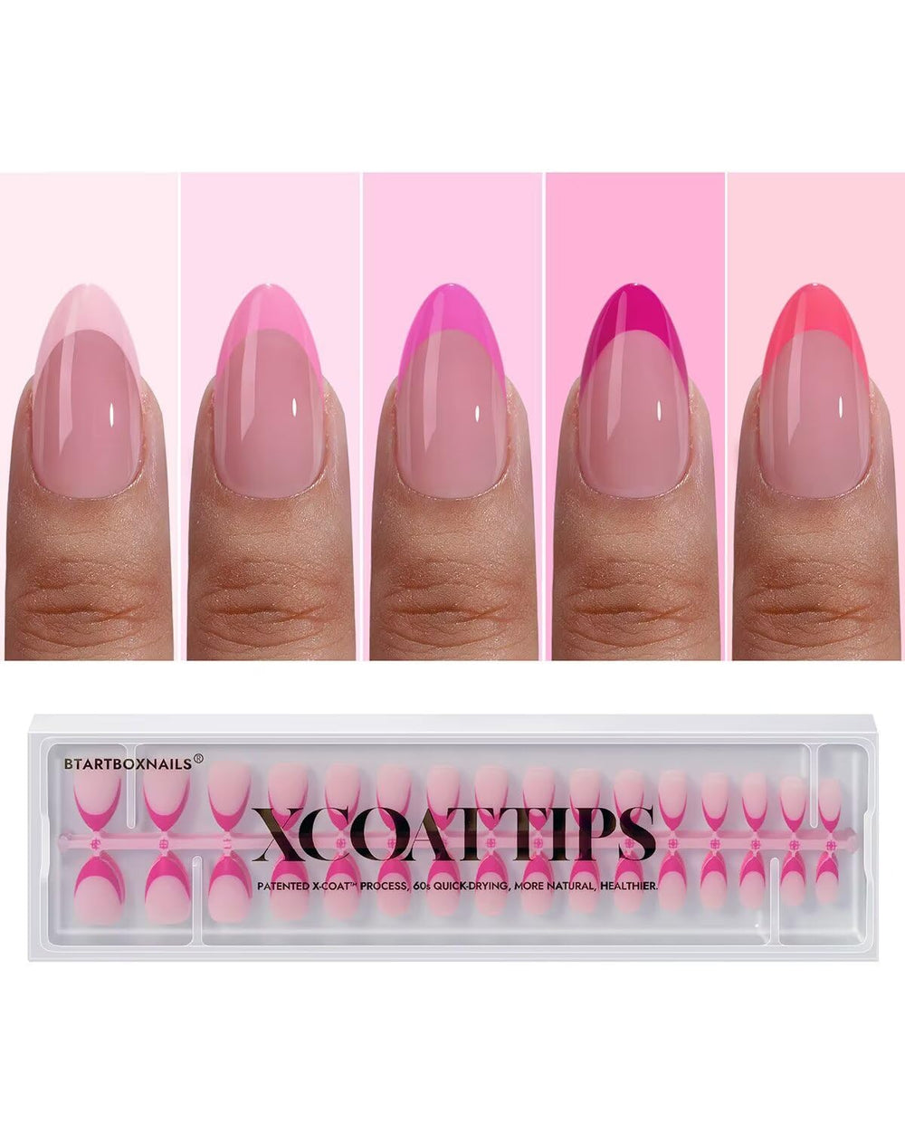 BTArtboxnails XCOATTIPS pink French tip press-on nails for quick at-home manicure.