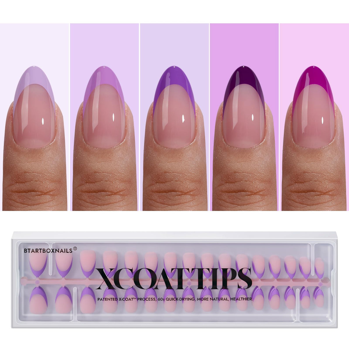 BTArtboxnails XCOATTIPS purple French tips bottle displayed for at-home design.