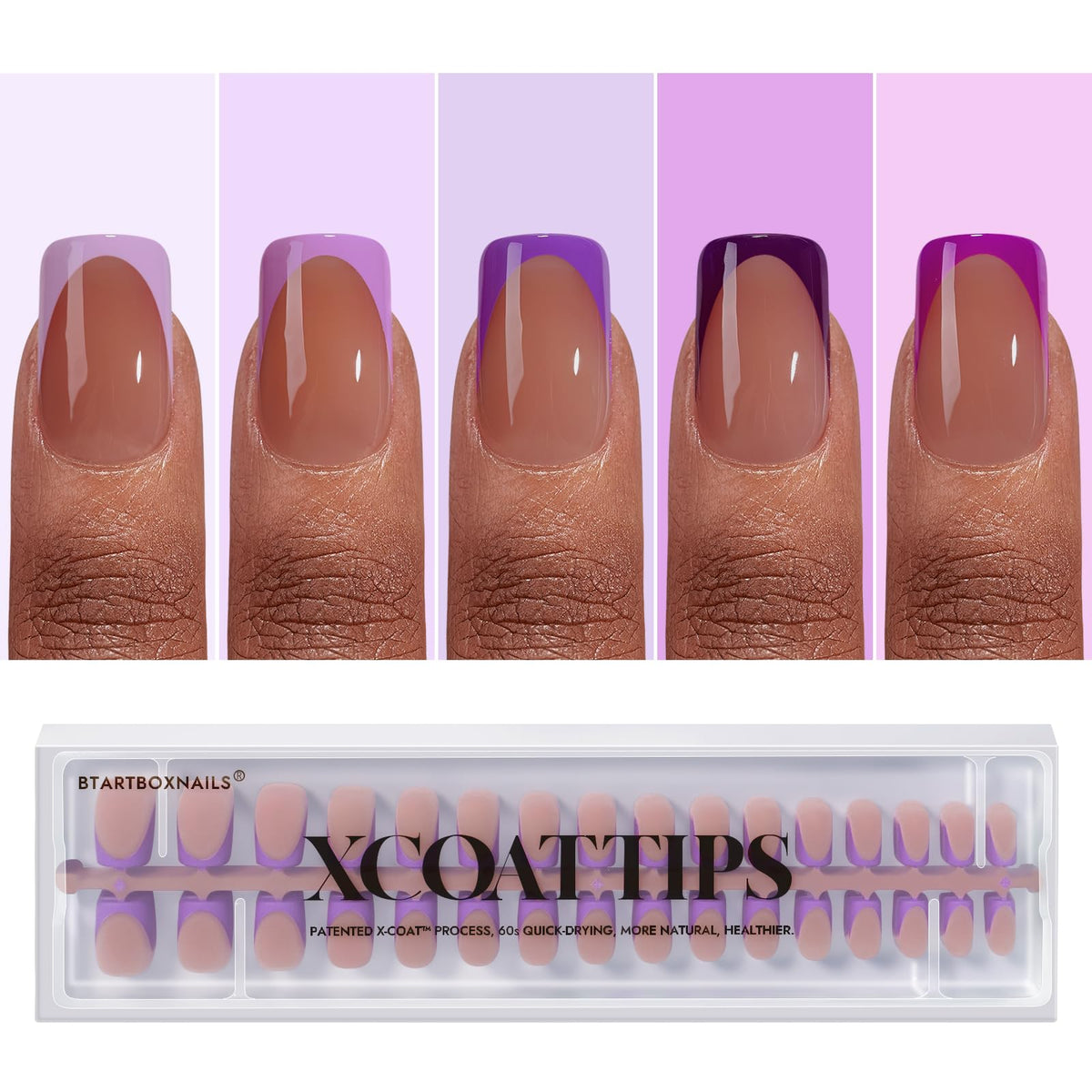 BTArtboxnails XCOATTIPS purple French short square tips for a salon-like at-home manicure.