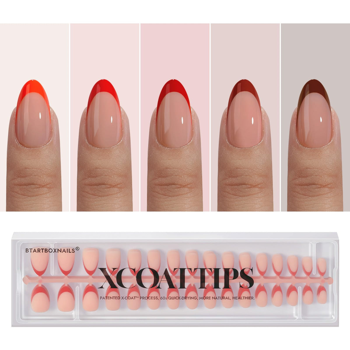 BTArtboxnails XCOATTIPS red French nails in almond shape for quick at-home style