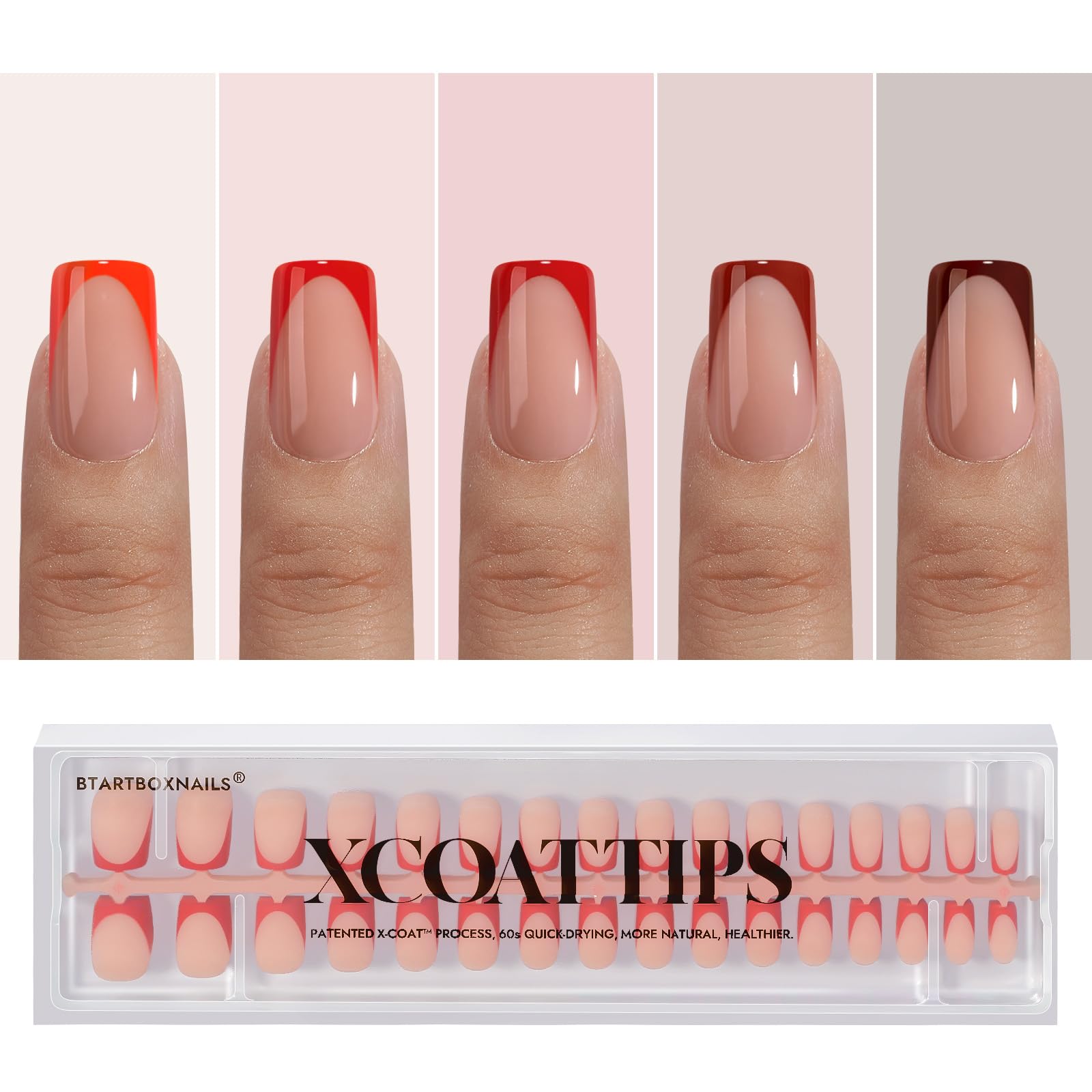 BTArtboxnails XCOATTIPS red French tip square close-up for quick at-home manicure.