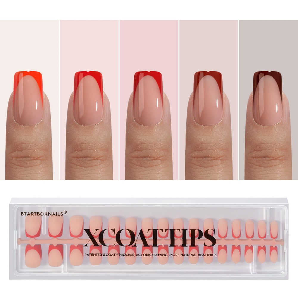 BTArtboxnails XCOATTIPS red French tip square close-up for quick at-home manicure.