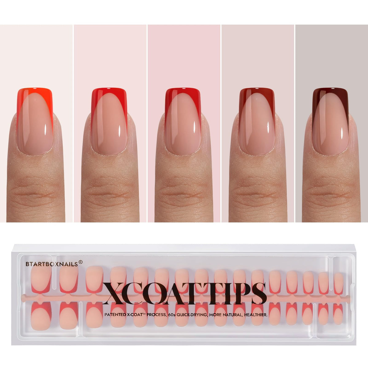 BTArtboxnails XCOATTIPS red French tip square close-up for quick at-home manicure.