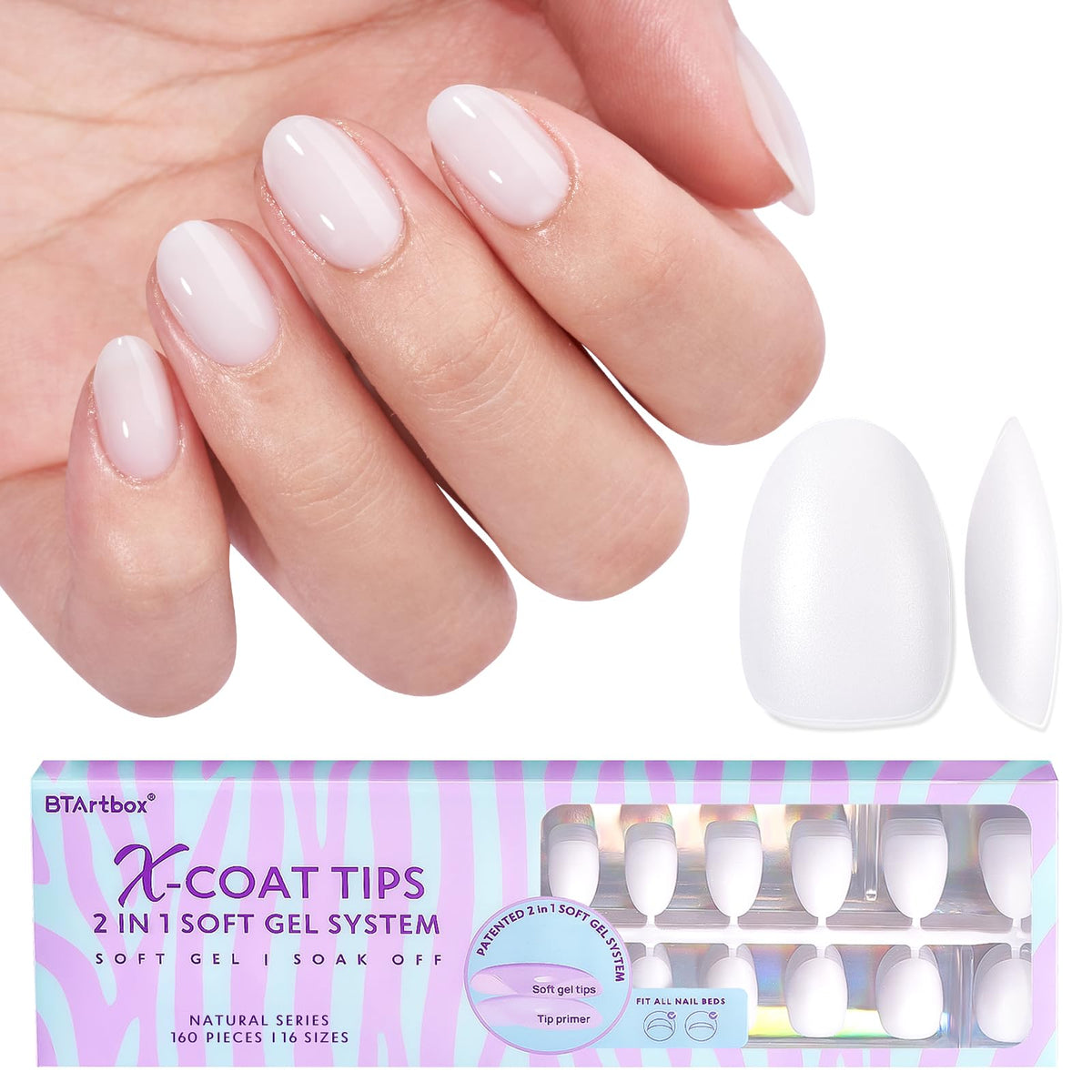 BTArtboxnails XS short almond gel tips milky white for easy fit and natural look.