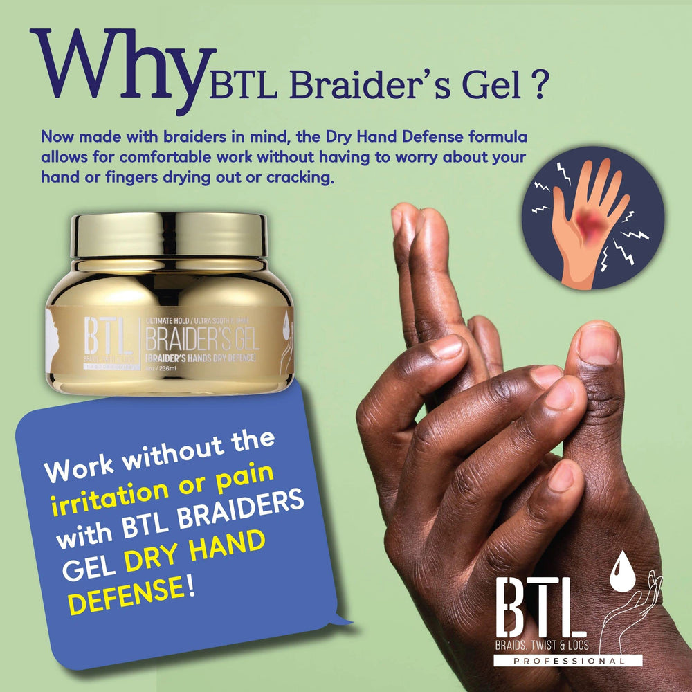 BTL Braider's Hands Dry Defense Gel being applied for strong hold and dry-hair comfort