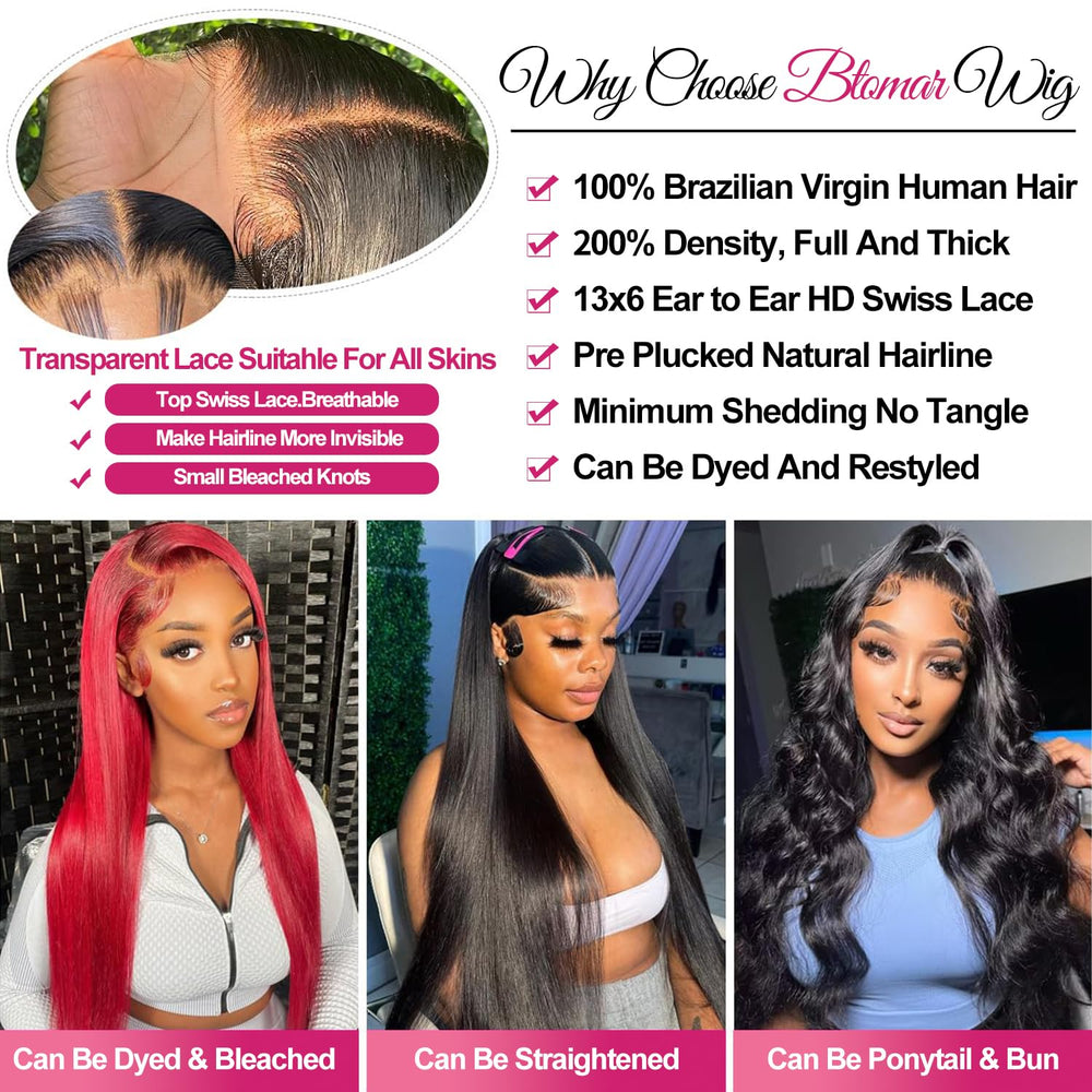Btomar 200-density straight human hair wig for full, natural-looking fullness.
