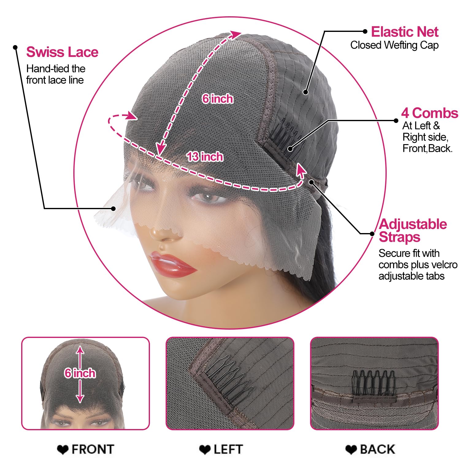 Btomar glueless cap with adjustable straps and four combs for secure fit.