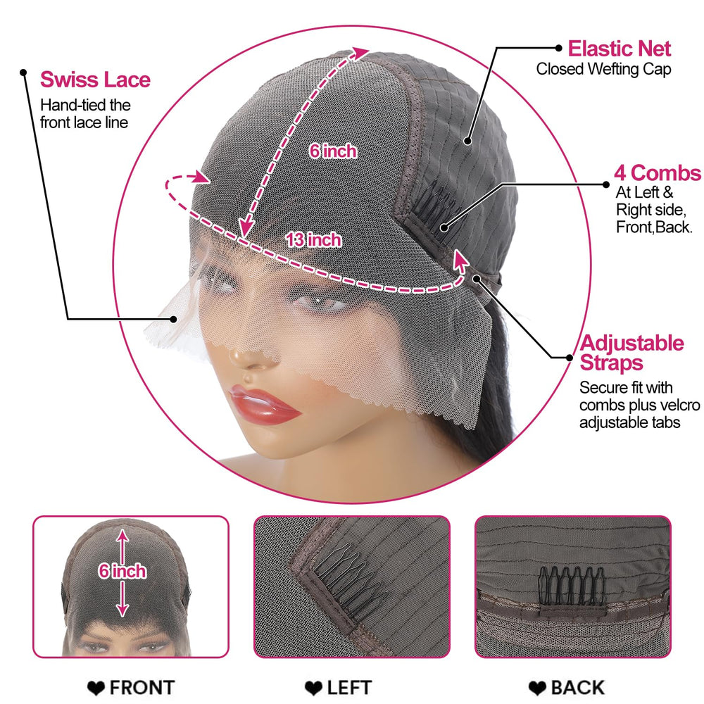 Btomar glueless cap with adjustable straps and four combs for secure fit.