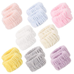 BTYMS pink wrist washband pair, soft and absorbent for gentle face cleansing.