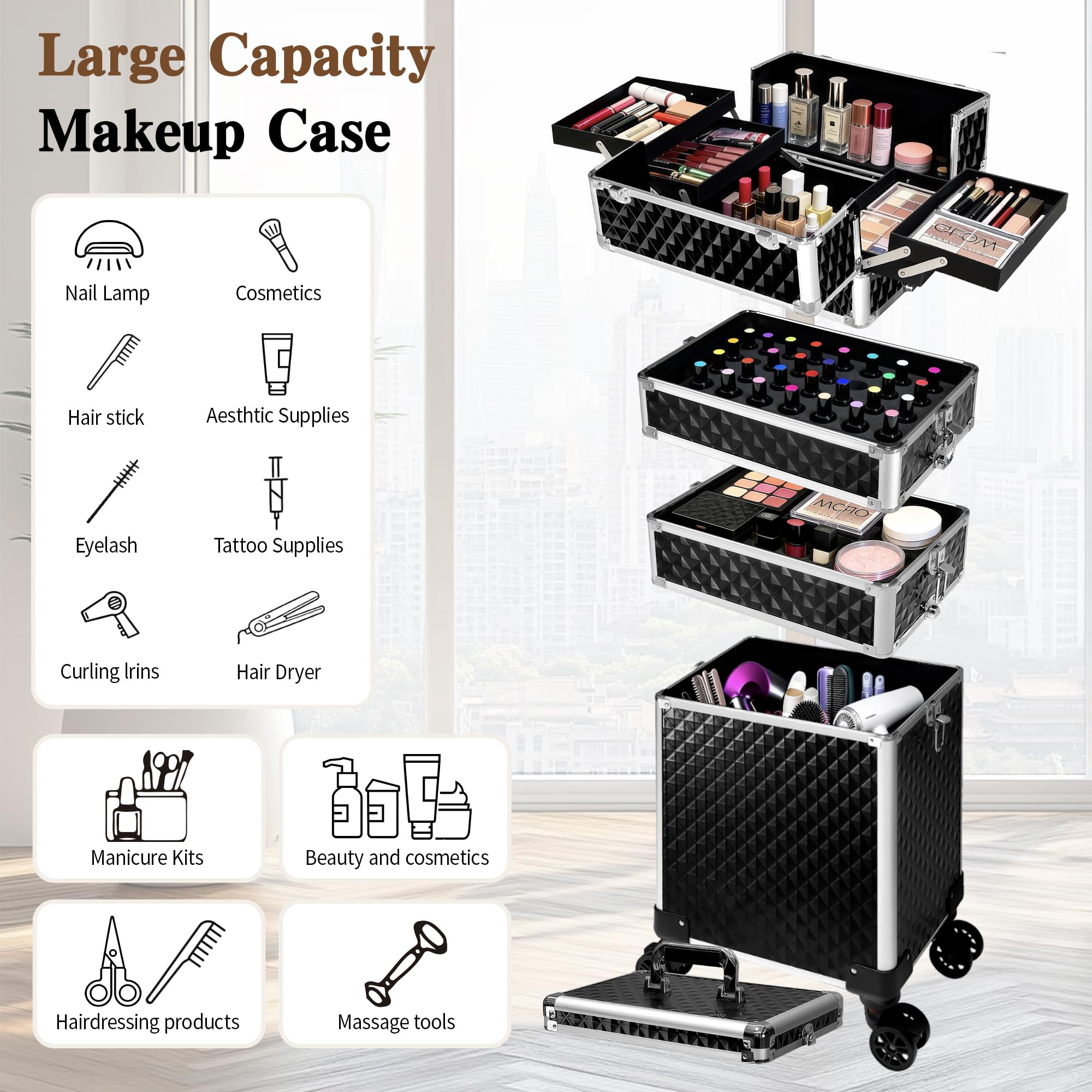 Buanson rolling case with four detachable drawers for flexible storage