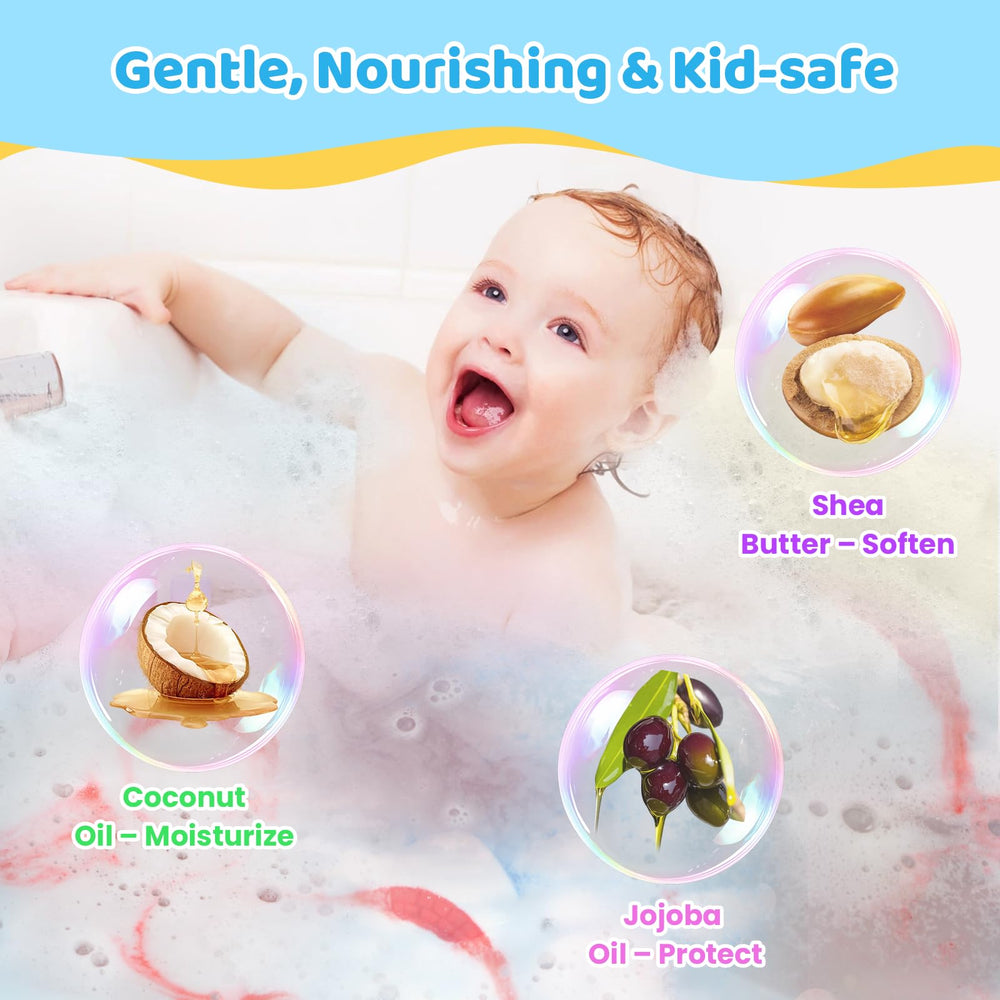 BubFroo shark bath bomb dissolving in tub releases bright colors.