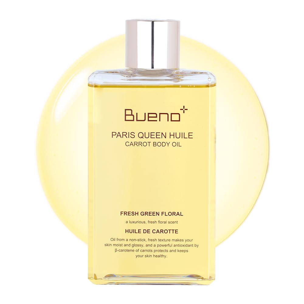 Bueno+ Paris Queen Carrot Body Oil bottle pour for instant skin hydration.
