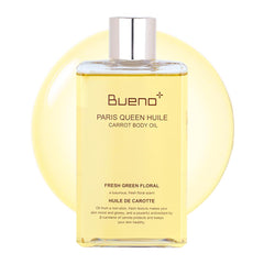Bueno+ Paris Queen Carrot Body Oil bottle pour for instant skin hydration.