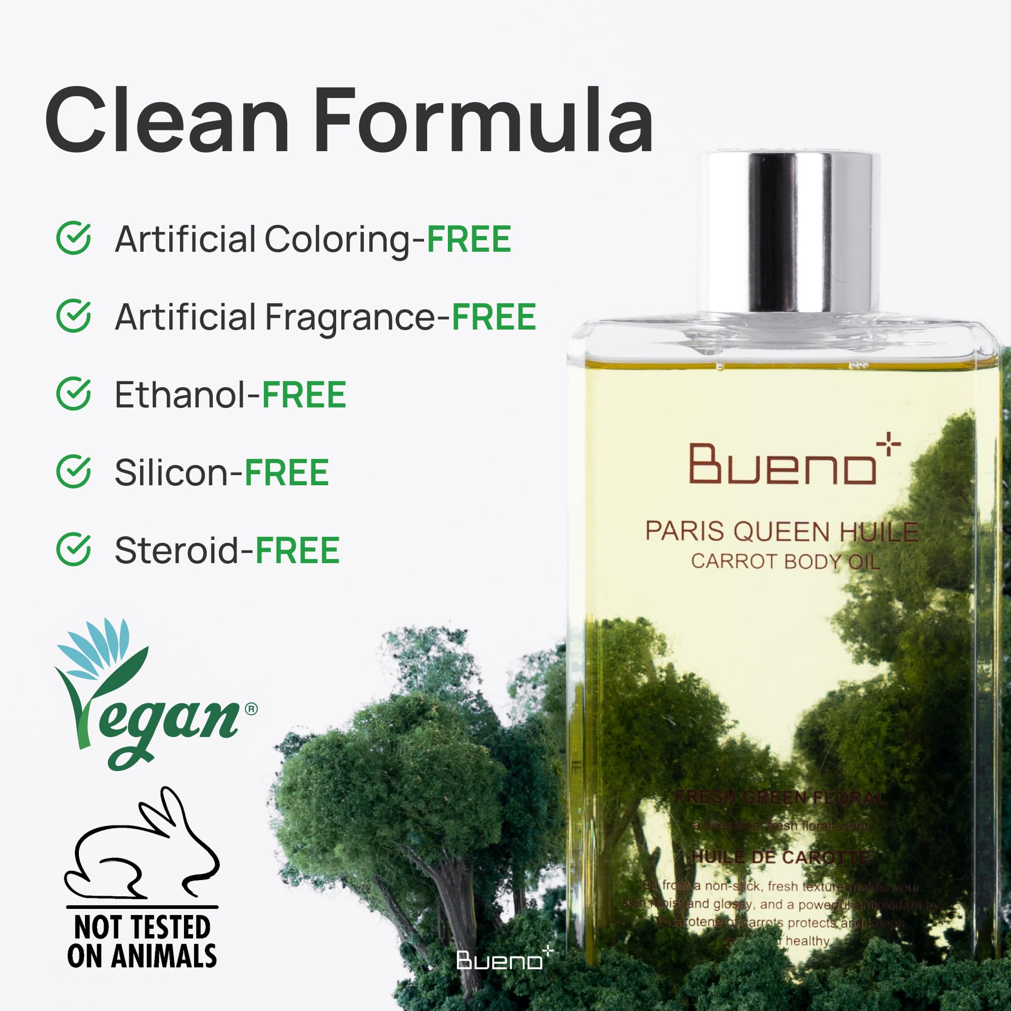 Bueno+ Paris Queen Carrot Body Oil green floral scent enhances routine.