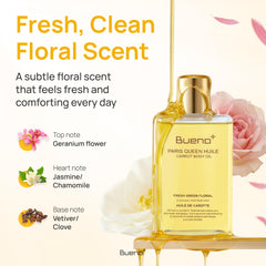 Bueno+ Paris Queen Carrot Body Oil ingredient blend with beta-carotene and plant oils.