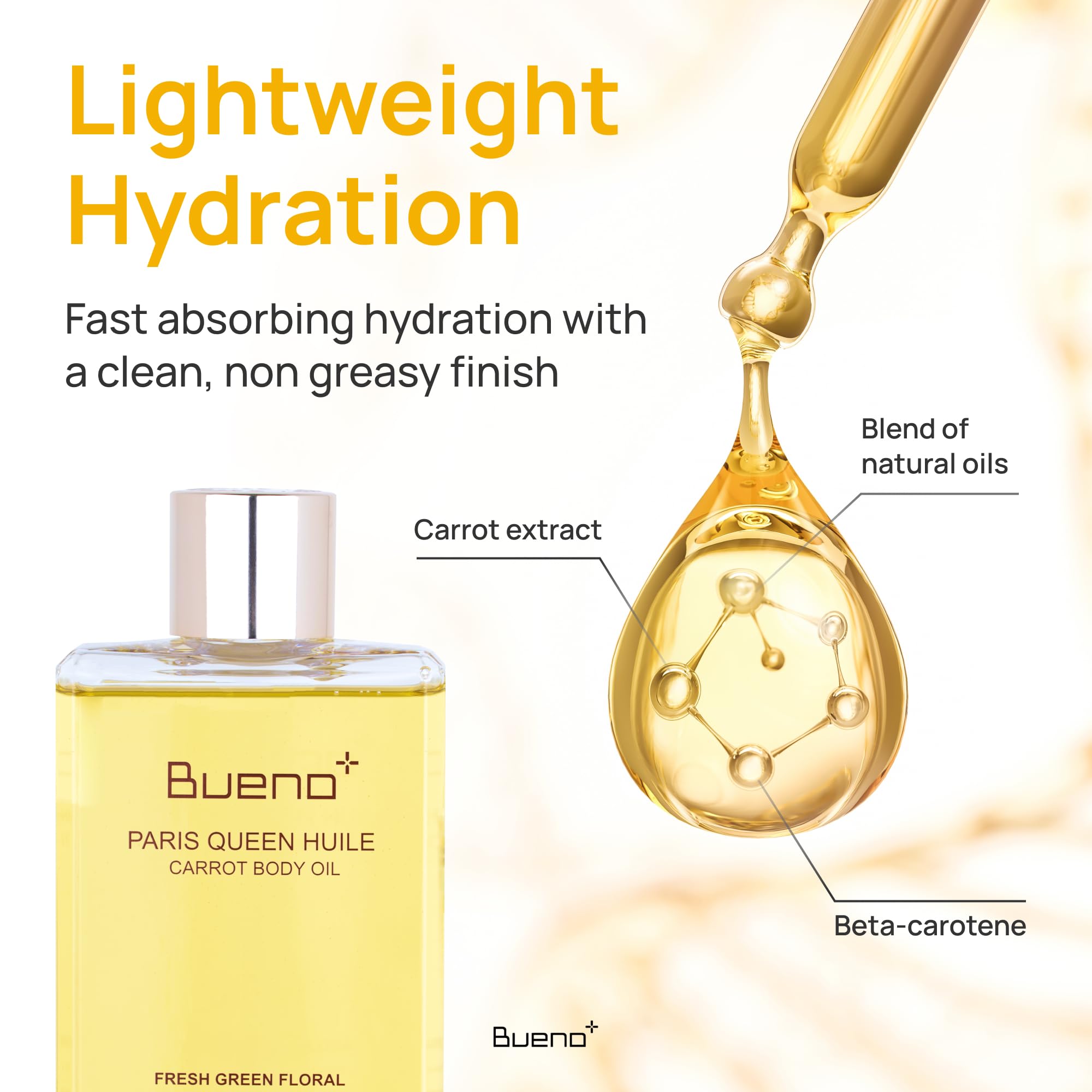 Bueno+ Paris Queen Carrot Body Oil label closeup highlights carrot extract.