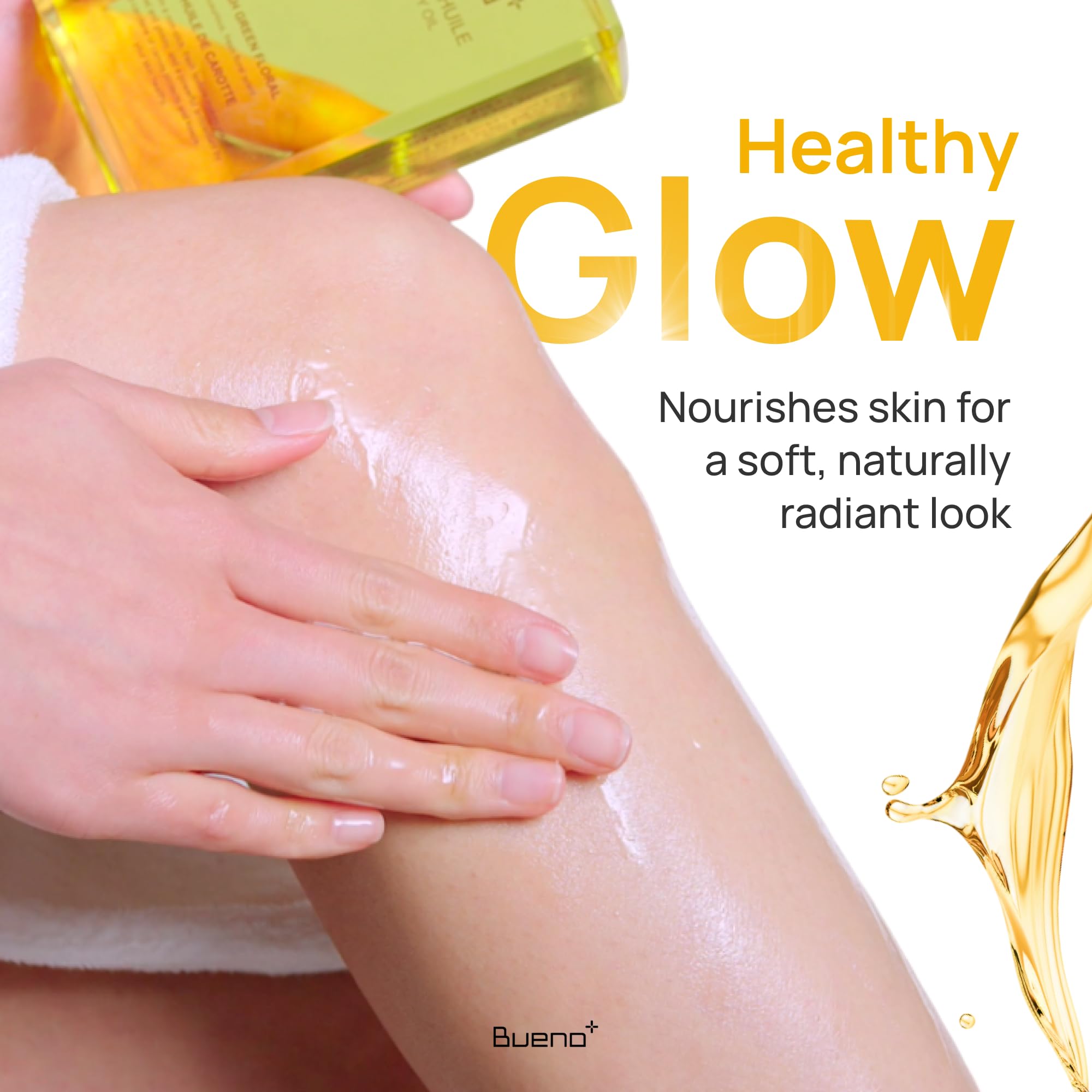 Bueno+ Paris Queen Carrot Body Oil liquid texture shows smooth, fast absorbing oil.
