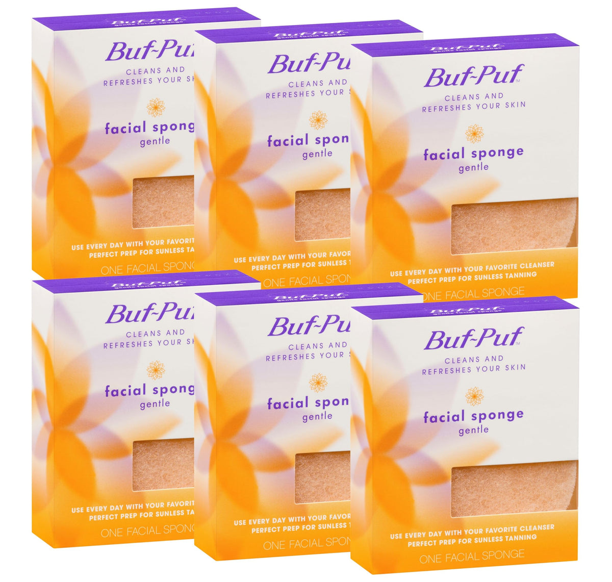 Buf-Puf Gentle Facial Sponge pack of 6 for daily cleansing.