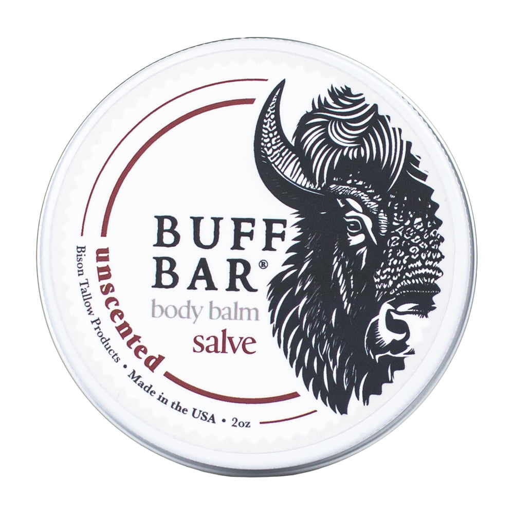 BUFF BAR unscented salve jar for full-body hydration and quick absorption.