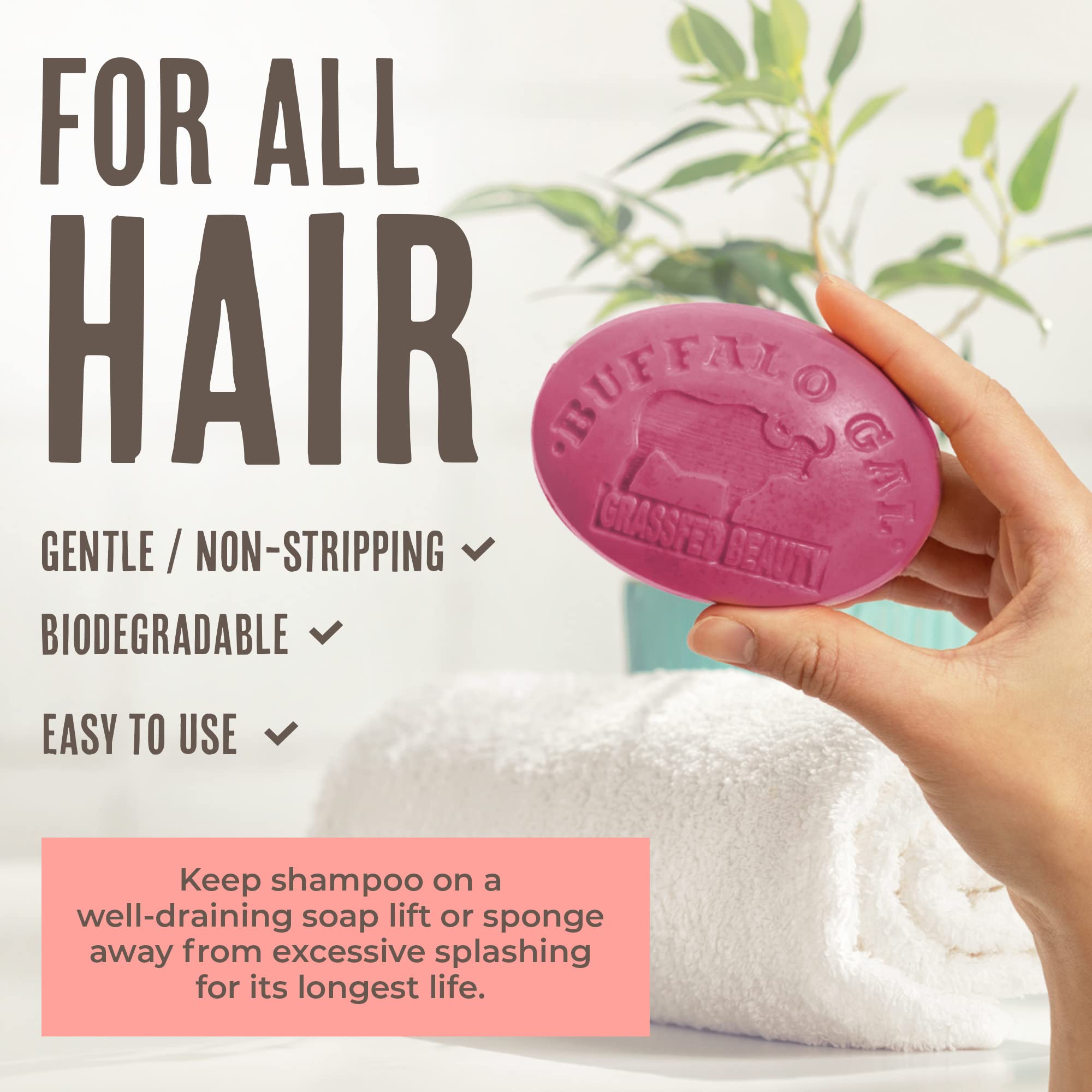 BUFFALO GAL MSM Shampoo Bar dissolves into gentle foam during washing.