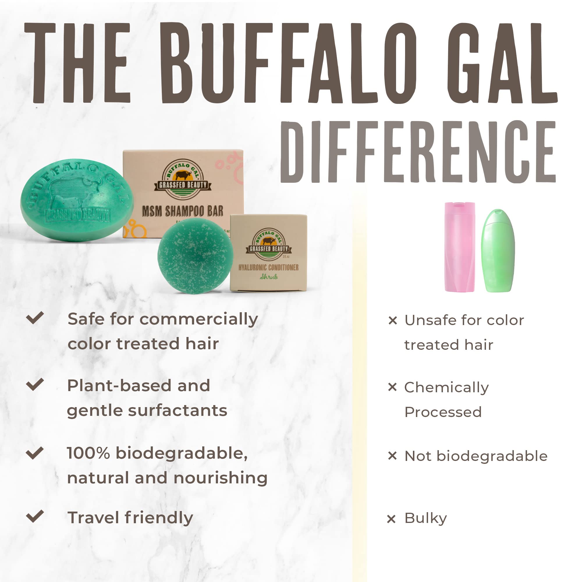Buffalo Gal solid hair care set on display, ready to use.