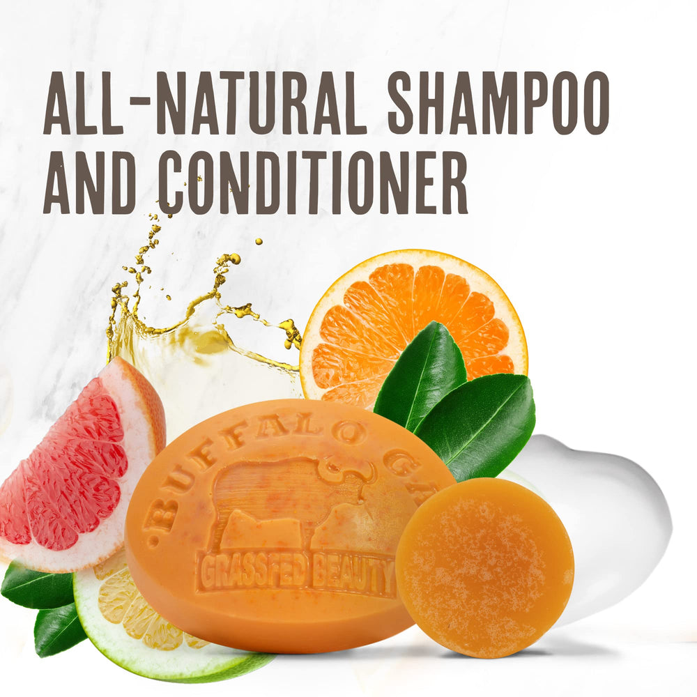 BUFFALO GAL Solid Shampoo Bar packaging close-up highlights plastic-free design.