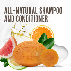 BUFFALO GAL Solid Shampoo Bar packaging close-up highlights plastic-free design.