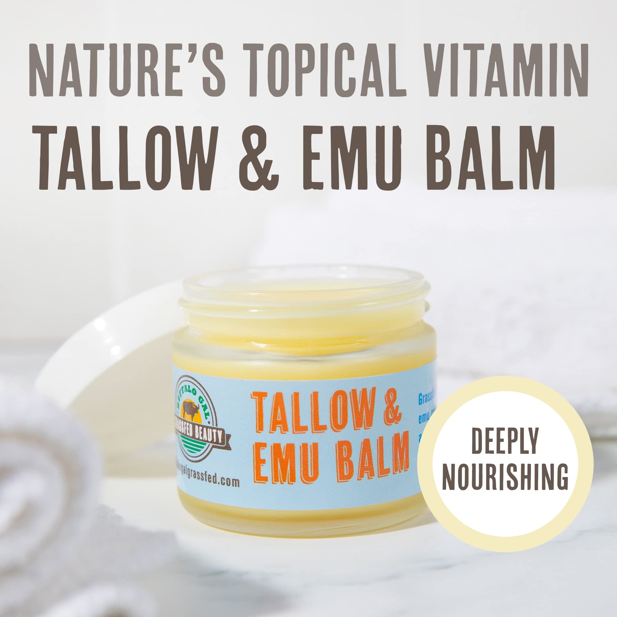 Buffalo Gal Tallow Emu Balm packaging showcasing unscented formula
