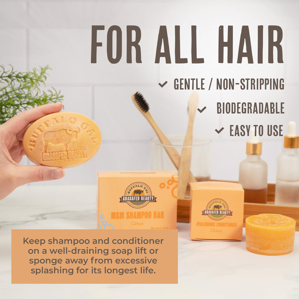 BUFFALO GAL Two-piece Solid Hair Set visual demonstrates a plastic-free routine.